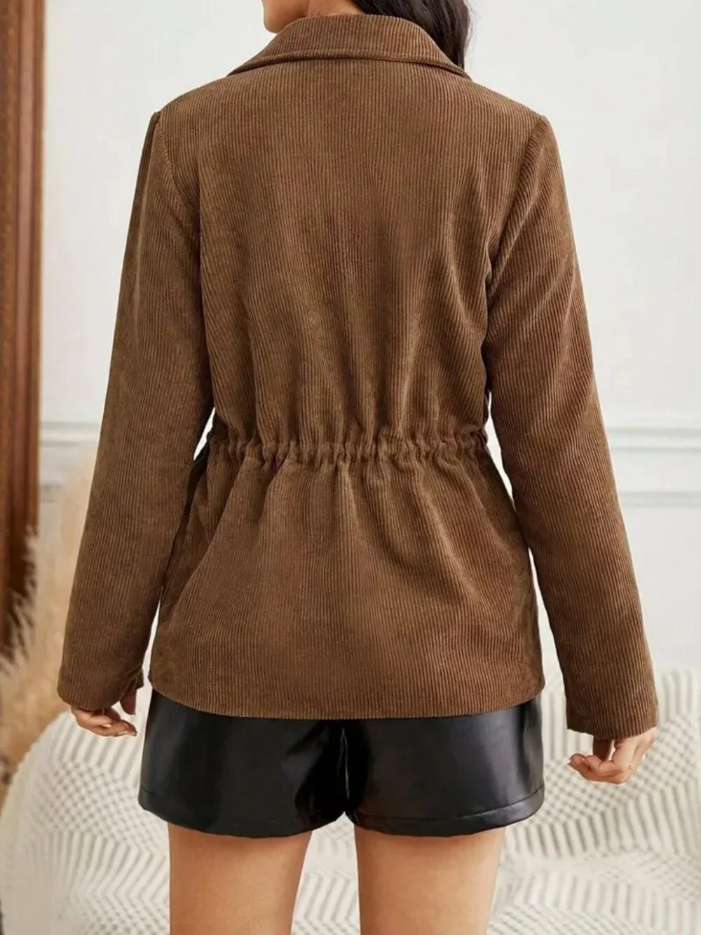Brown Casual Women's Long Sleeve Drawstring Waist Cargo Pocket Jacket